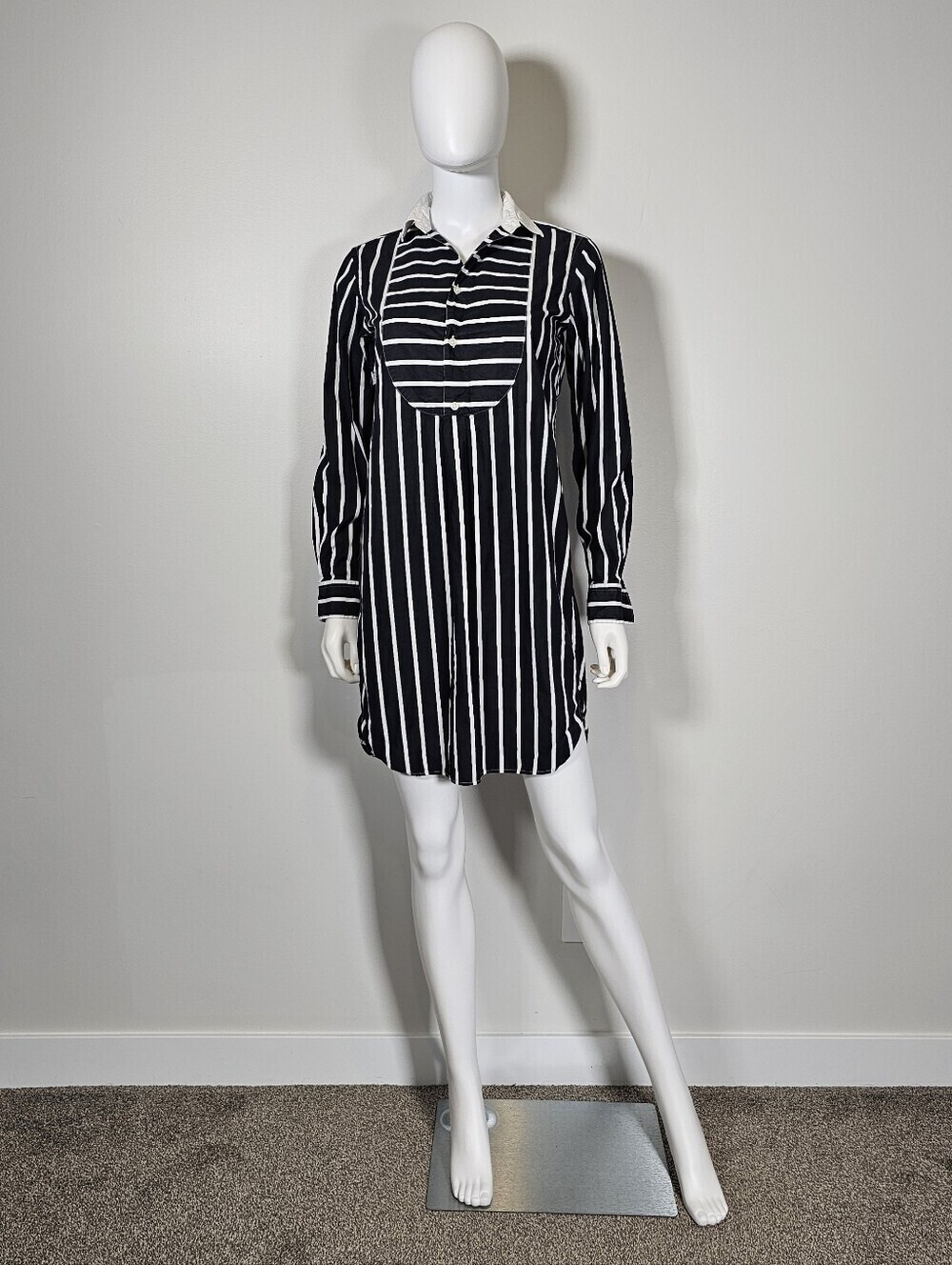 Polo Ralph Lauren Black & White Striped Collared Long Sleeve Dress Sz 2